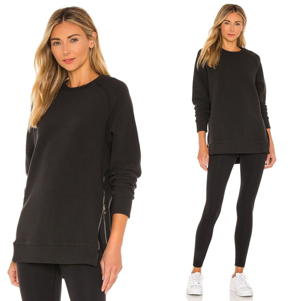VARLEY $110 Manning Sweatshirt Longline Ottoman Rib in Black Gold Zip SZ Medium